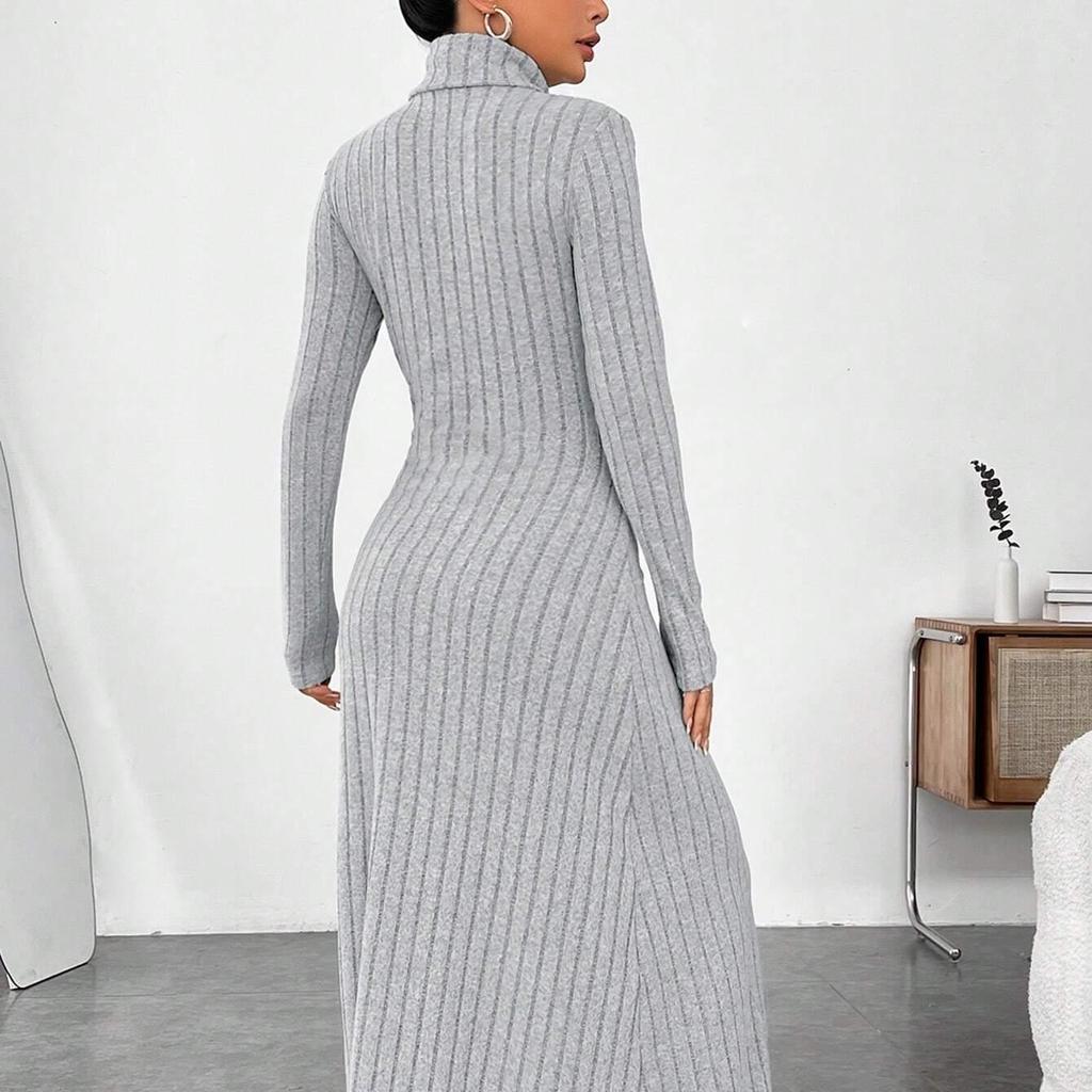 Fashion Slim A-line Maxi Dress for Women Autumn Winter Solid Turtleneck Collar Bodycon Dress Long Sleeve Elastic Knitted Dresses