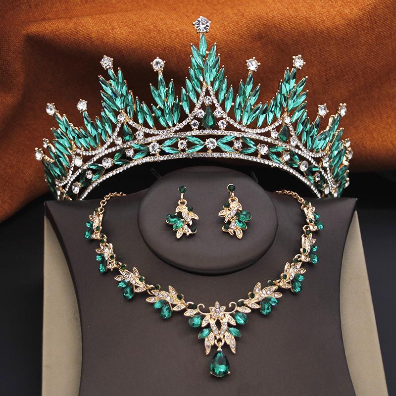 Green Bridal Jewelry Sets for Women Wedding Crown Girls Tiaras and Necklace Earrings Bride Party Costume Jewelry Accessories