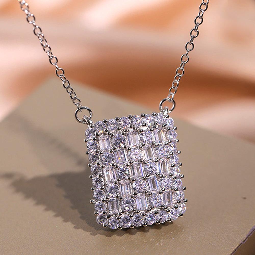 Full Paved Baguette and Round Mixed Stone Rectangle Pendant Women Cable Chain Clavicle Necklace