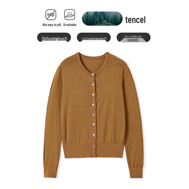 

Женский кардиган с круглым вырезом и длинными рукавами из легкого шелка тутового дерева - Весенне-летняя облегающая трикотажная кофта M коричневый