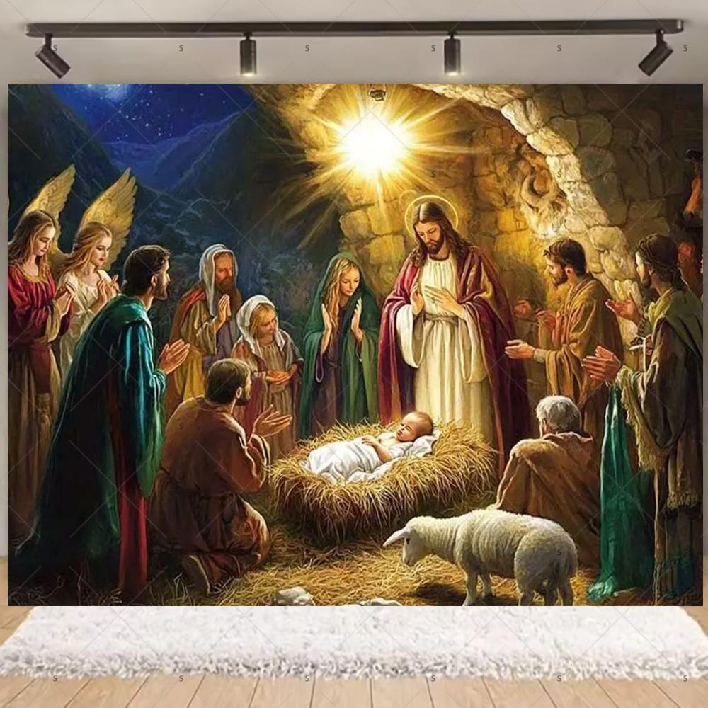 Nativity Scene Background Banner Starry Night Traditional Christmas Religious Jesus Backdrop Supplies Christmas Party Decoration