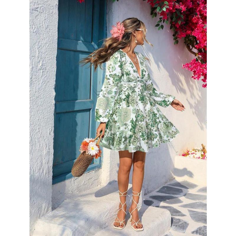 Women's Lace Trim V Neck Floral Print Mini Dress, Long Sleeve Casual Vacation Boho Ruffle Hem Beach Dress for Women