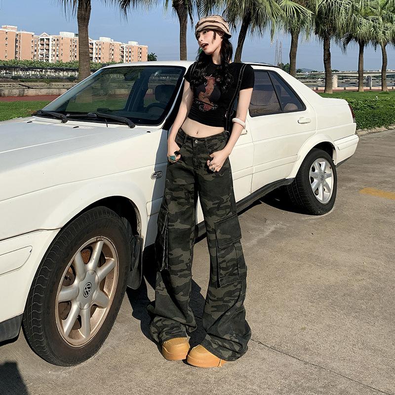1116 American Retro Multi-pocket Camouflage Micro-horn Tooling Jeans Trendy Brand Loose and Thin Straight Floor Pants