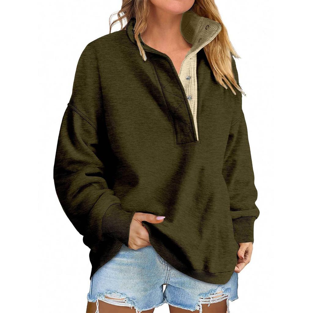 Women's Fashion Long Sleeve Solid Color Pullover Sweatshirt Casual Loose Button Sweatshirt