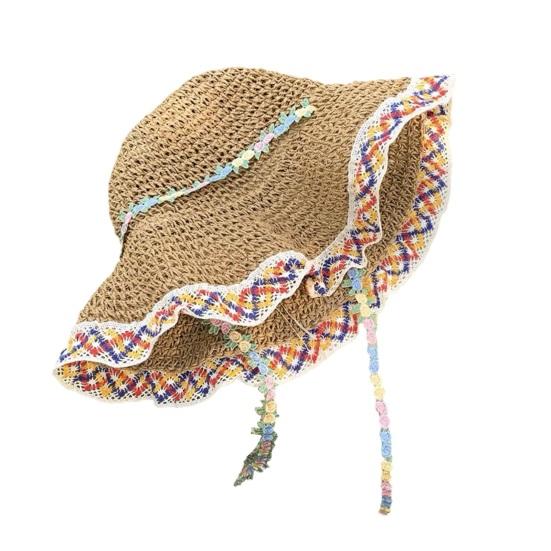 Женская соломенная шляпа ручной работы с вышивкой цветов, подбородочным ремешком, защита от солнца, широкополая, летняя, для пляжа, путешествий хаки