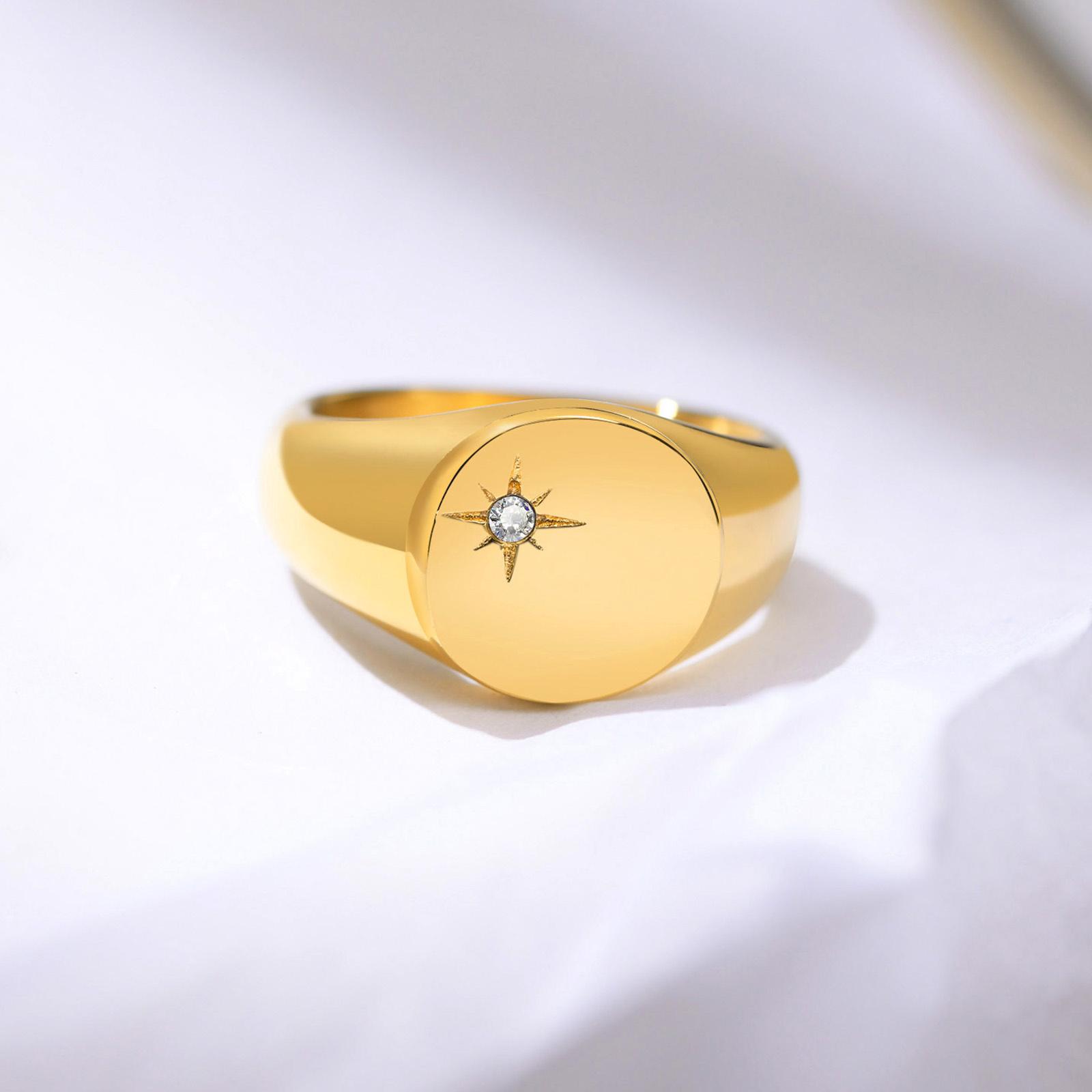 

Women Fashion Star Signet Rings, Gold Color Solid Metal Square Round Top Stamp AAA CZ Stone Band, Chic Boho Cool Jewelry 6