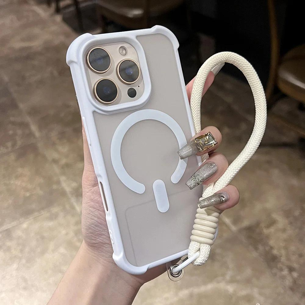 Matte Shockproof Armor For Magsafe Wireless Charge Case for iPhone 17 16 15 14 Plus 13 12 11 Pro Max Clear Wrist Strap Cover