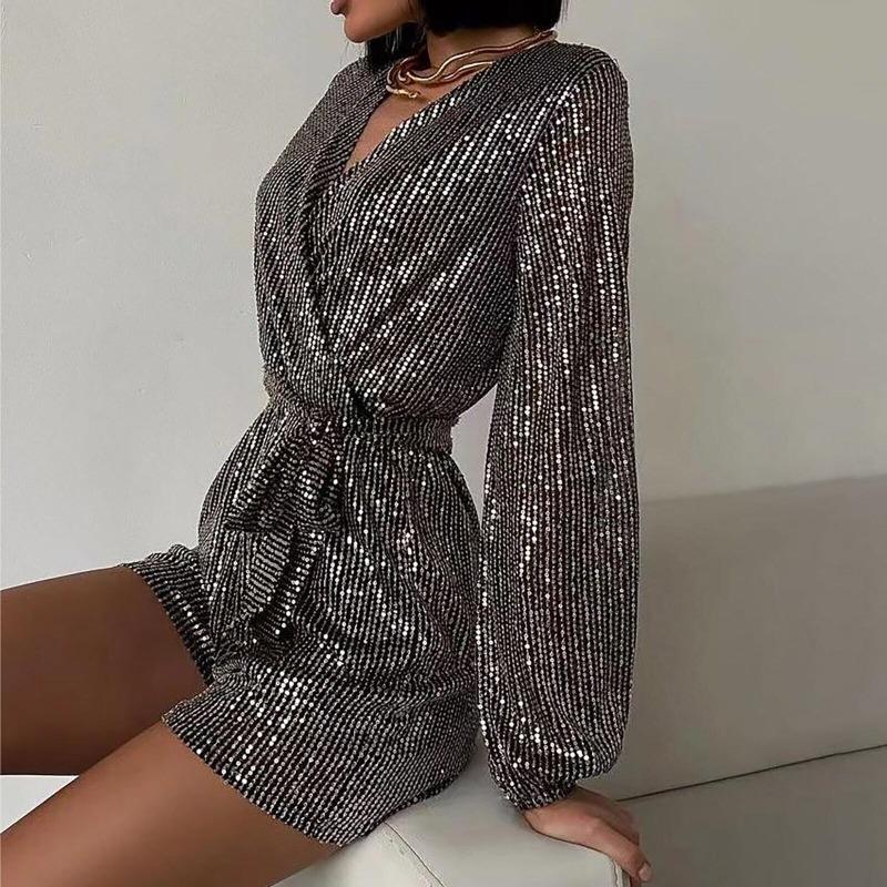 Dámská móda Flitrované dlouhé rukávy Spojené šortky Jednobarevné Sexy hluboký výstřih do V Pás Dekorační šortkový oblek Párty Sukně