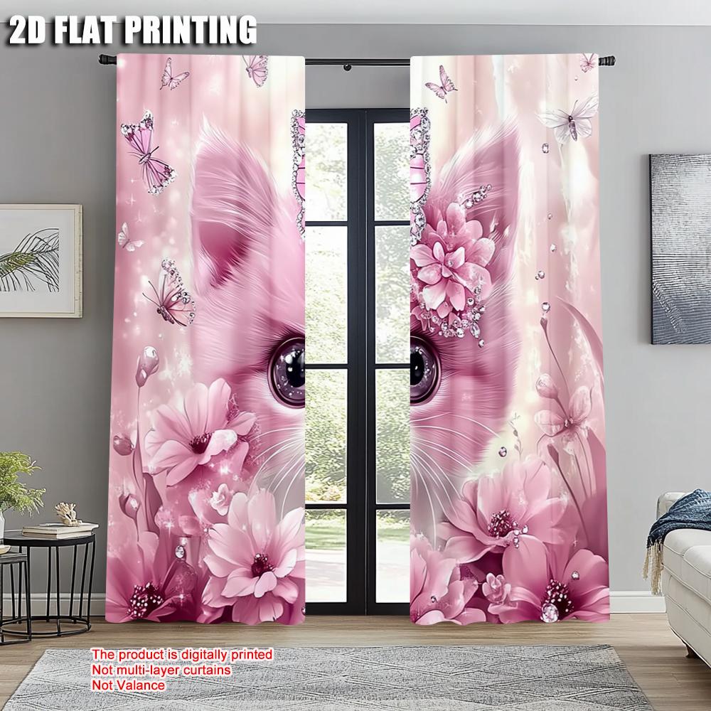 2pcs, Minimalist Curtains 2D print Cute Pink Kitten Machine Washable (without rod) Art Deco Festive Perfect for Living Room,
