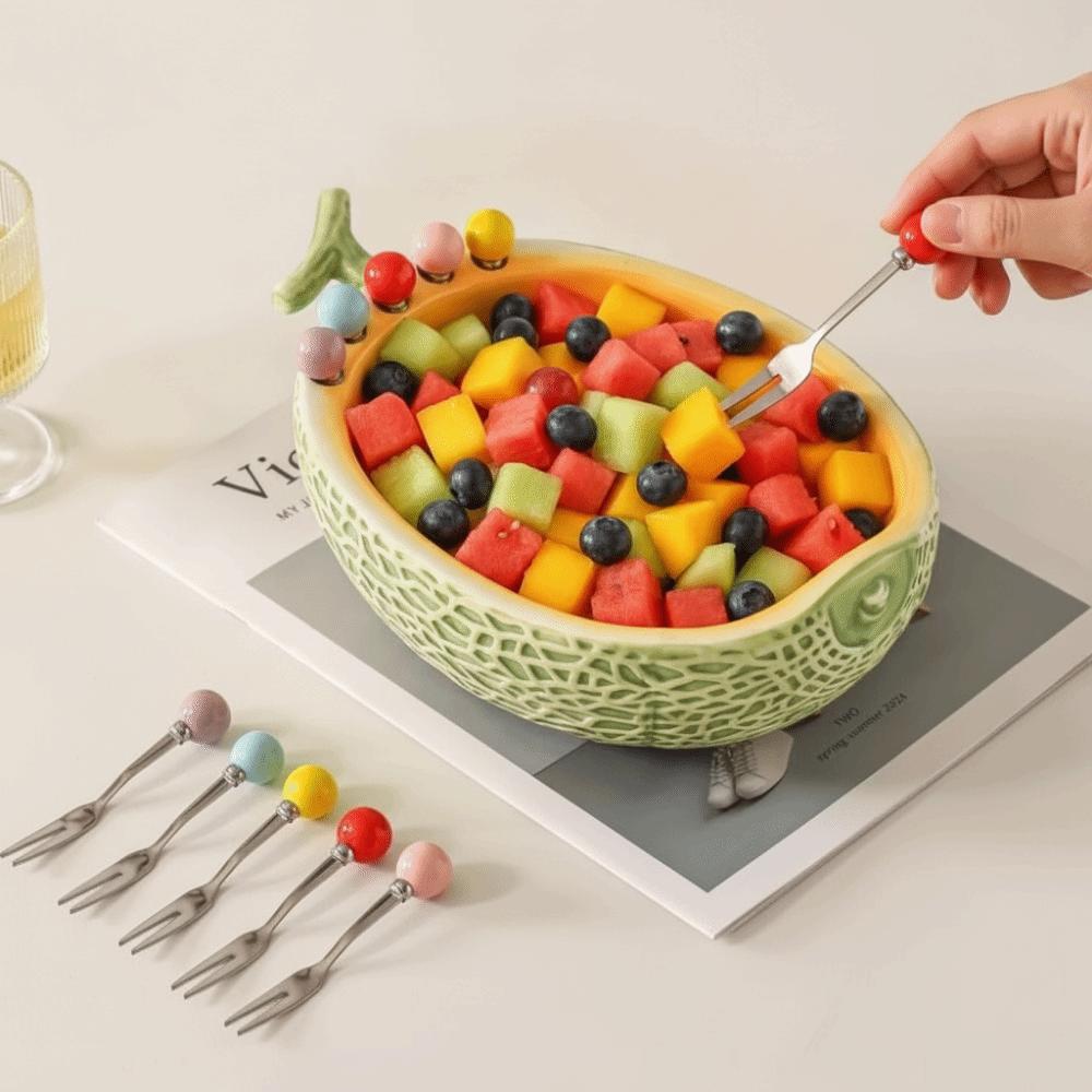 Large Capacity Fruit Serving Plate Hami Melon Shape Snack Plate with Fork Fruit Insert