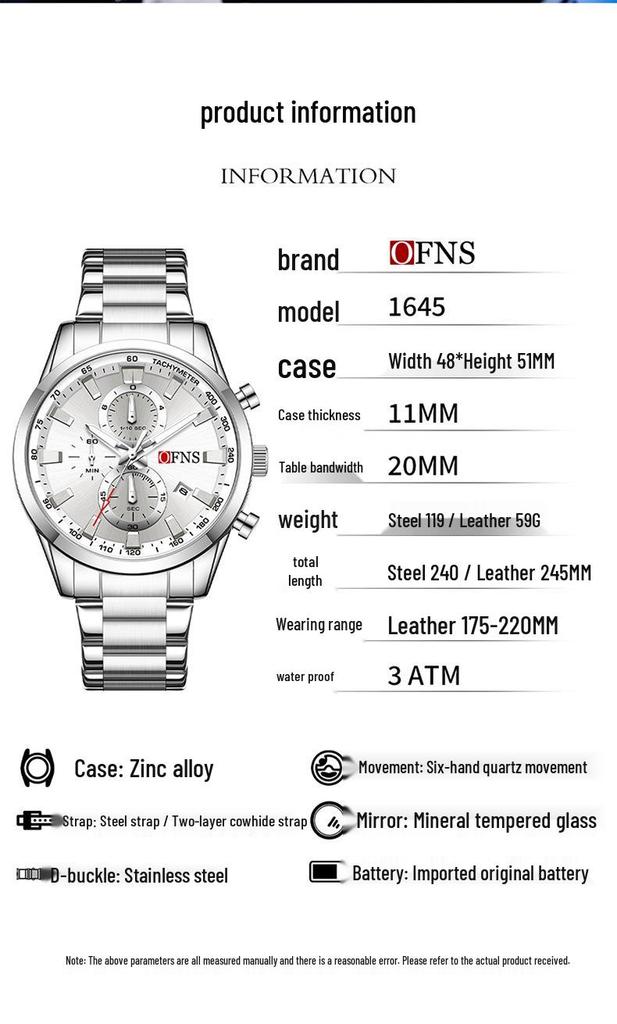OFNS Cross-Border Men's Multifunctional Luminous Watch with Calendar and Sunburst Dial, Three Eyes, Six Hands, Waterproof.