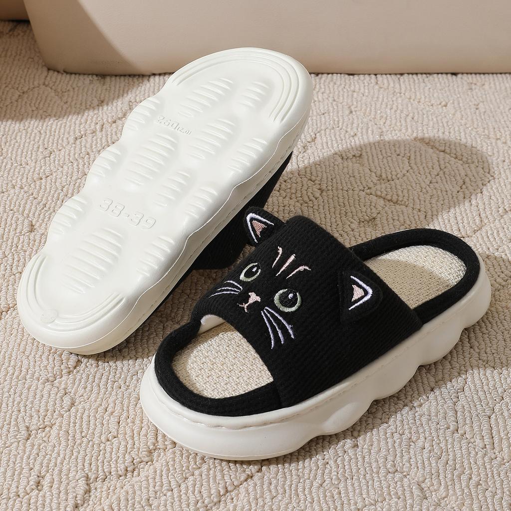 Fashion Kidmi Cute kitty Women Slippers Fashion Breathable Indoor House Slippers Sweat-absorbing Linen Antiskid Slippers Casual Slippers
