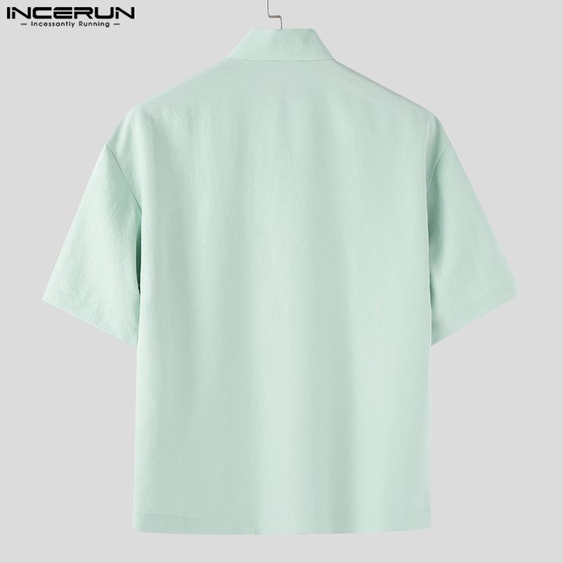 INCERUN Oversized Men Tie Up Short Sleeve Button Down Casual Loose Shirts