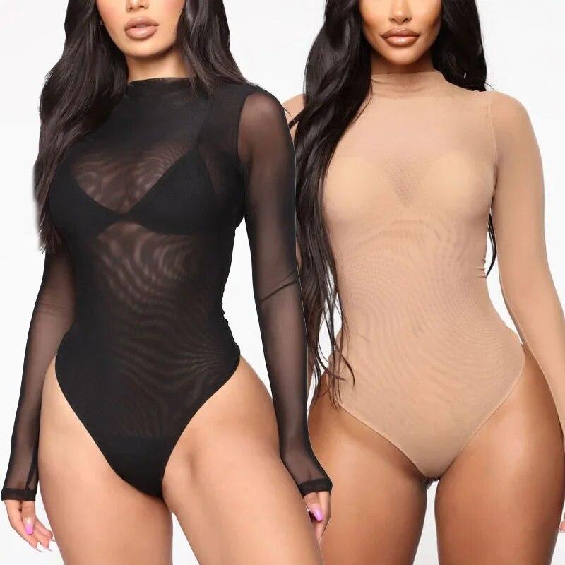 Women Sexy Long Sleeve Jumpsuits See-Through Mesh Lace Lingerie Solid Color   Fashion Women Turtleneck Bodysuit