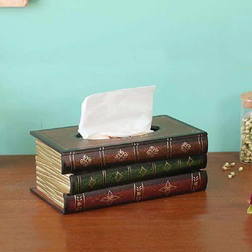 Book Shaped Vintage Tissue Box Cover Artistical Wooden Paper Extraction Box Creative Tissue Organizer Box for Home Decor