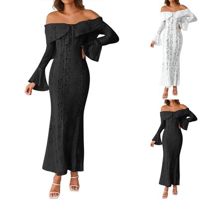 Elegant Off Shoulder Lace Maxi Dress  Women Long Sleeve Evening Party Dresses For Date Nights