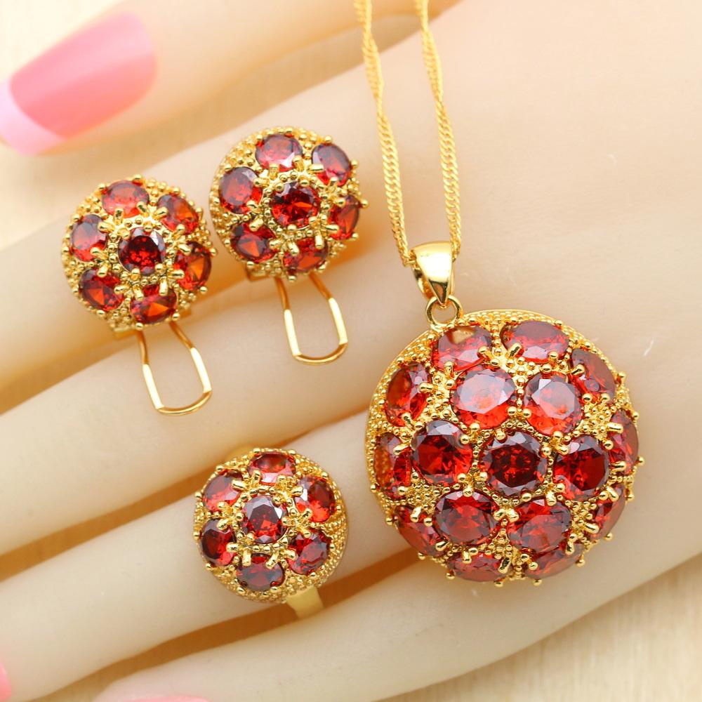 Gold Color Jewelry Sets For Women Red Zircon Bracelet Hoop Earrings Necklace Pendant Rings Free Gift Box