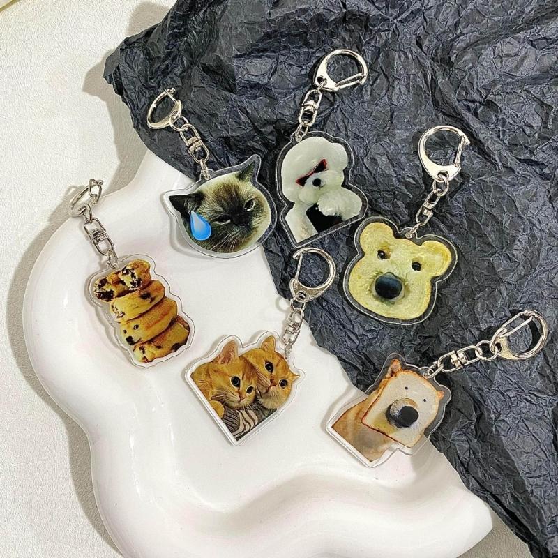 6Pcs Set Key Chains Pendant Cute Toast Cat Dog Shape Key Rings Stylish Jewelry