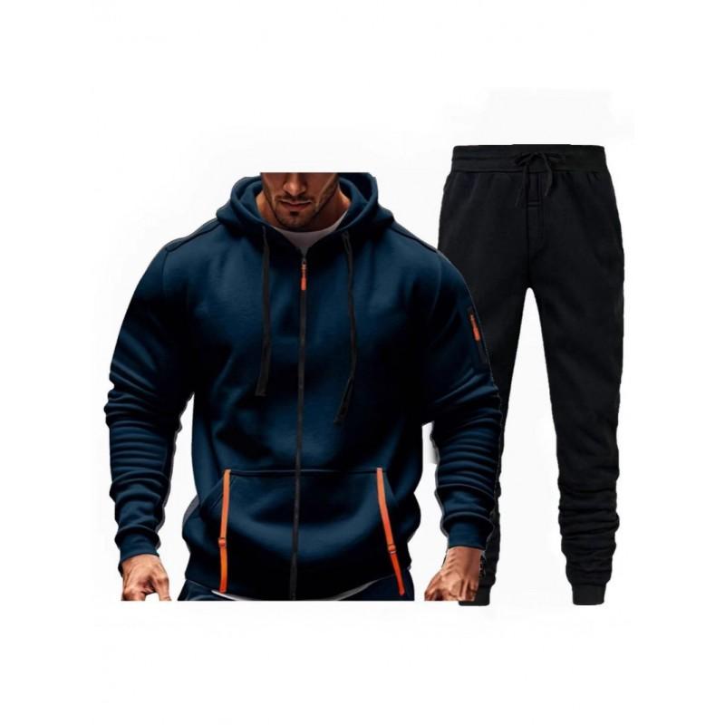Mens Fleece-Lined Hooded Sweatshirt Set Casual Long Sleeve Tracksuit Winter Outfit