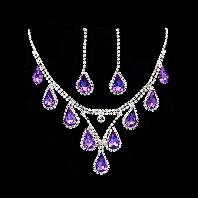 Romantic 2 Pieces/Set Wedding Jewelry Set Shiny Crystal Bridal Jewelry Set Ladies Necklace Earrings фиолетовый