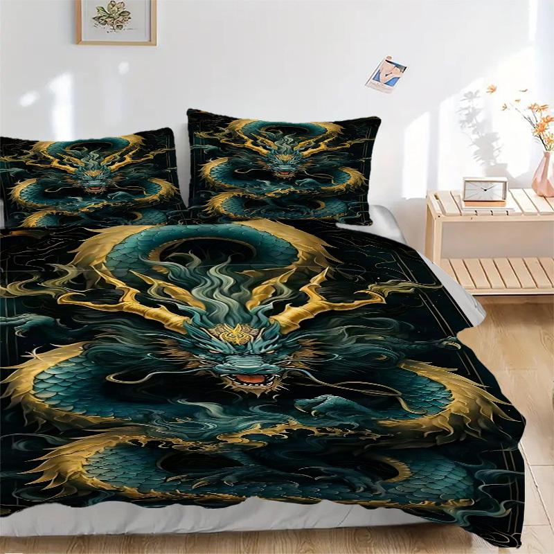 

3pcs Dragon Art Duvet Cover Set, Cover For Bedroom Guest Room (1 Duvet Cover + 2 Pillowcase, Without Quilt), yy250922214 135x200cm