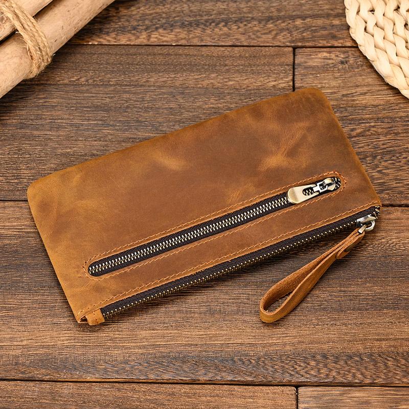 Crazy Horse Leather Zipper Wallet Simple Style Coin Purse With Key Chain For Car Key Purse Genuine Leather Men Women Coin Bag
