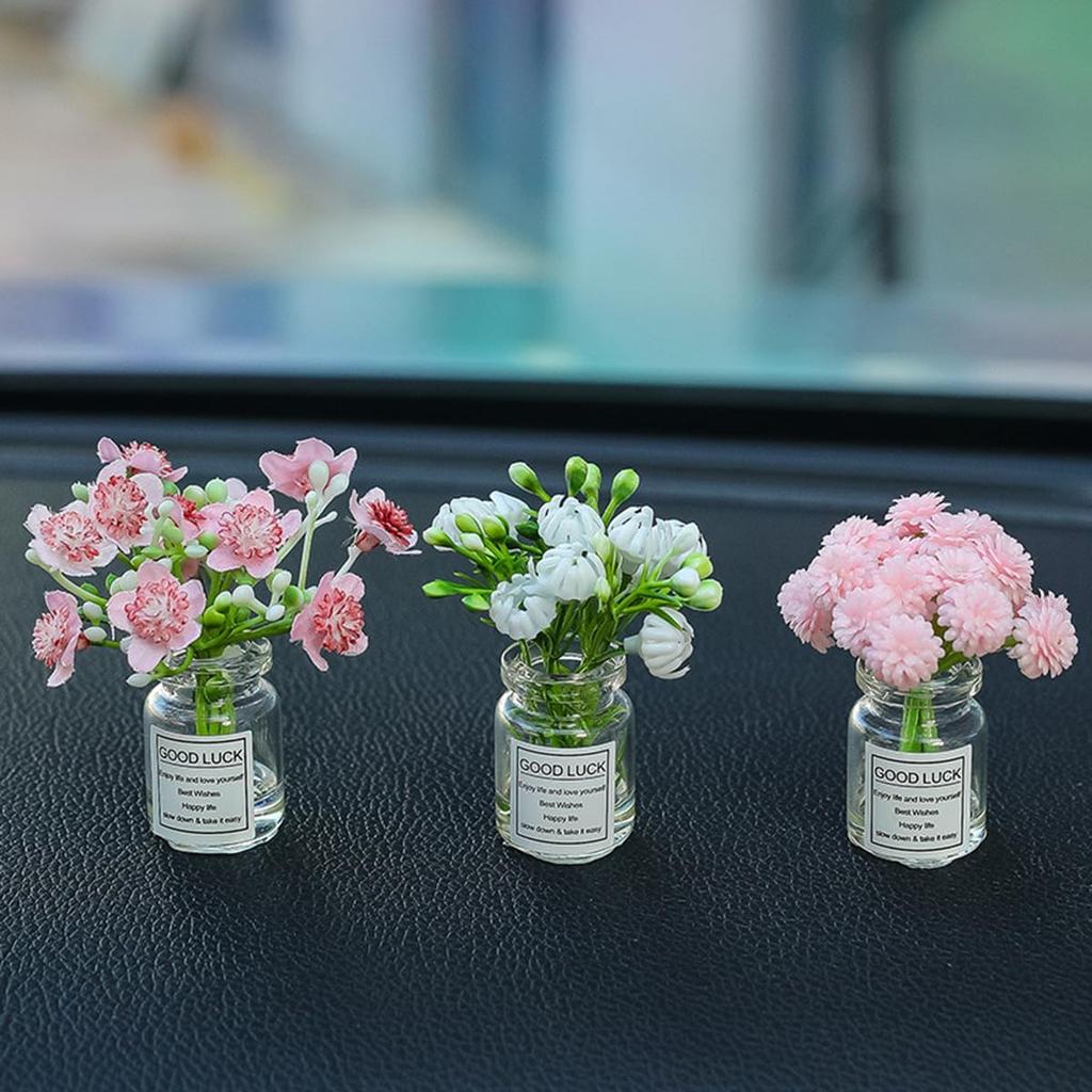 Set aus 3 Mini-Gänseblümchen in Glasvase Niedliche Auto-Accessoires für Rückspiegel & Armaturenbrett Dekorationen Lustige Auto-Innenraum-Ornamente für Frauen