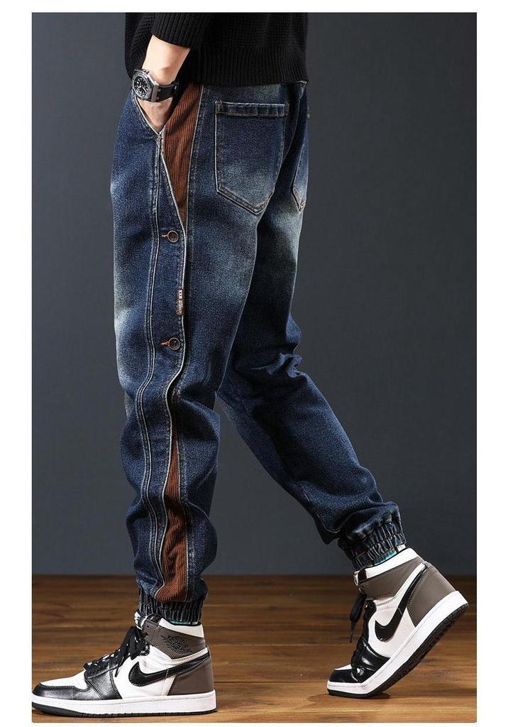 Męskie Grube Jeansy Robocze Patchworkowe - Luźne, Zakończone Ściągaczem, Modna Marka Streetwear, Spodnie Haremki