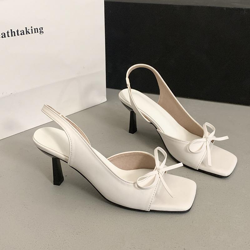 Bow back strap stiletto sandals women's summer wear 2025 new one-word with temperament open-toed square head high heels