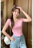Pure desire sweet girl bm wind button design front shoulder short-sleeved t-shirt women's summer small slim-fitting waist short top