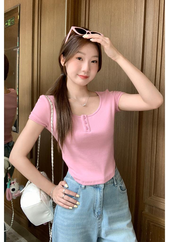 Pure desire sweet girl bm wind button design front shoulder short-sleeved t-shirt women's summer small slim-fitting waist short top