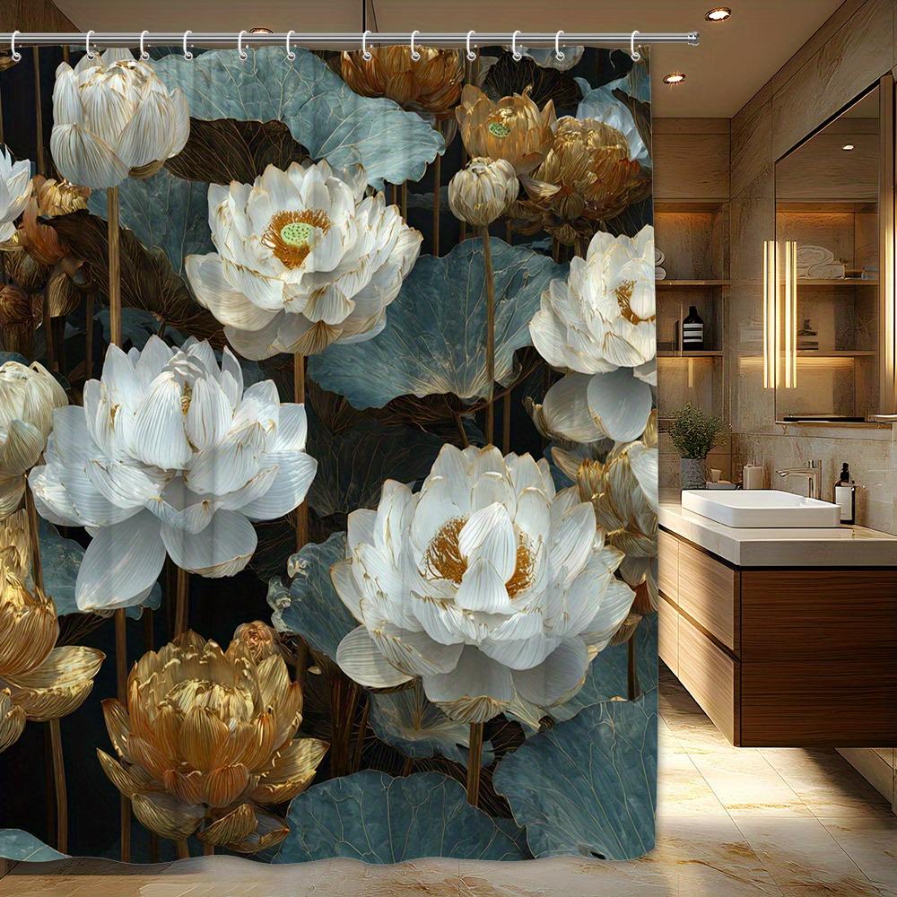 1 Piece Luxury White and Gold Lotus Shower Curtain - Delicate Petals and Dark Green Leaves Design, Polyester Fabric with Hooks
