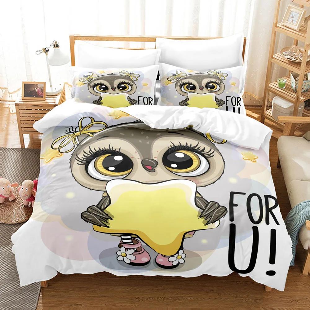 Comforter Hand Painted Owl Cartoon Bedding Set Winter Wiht Pillow Kidstwin Full Queen King Bedroom Home Textile 150X200