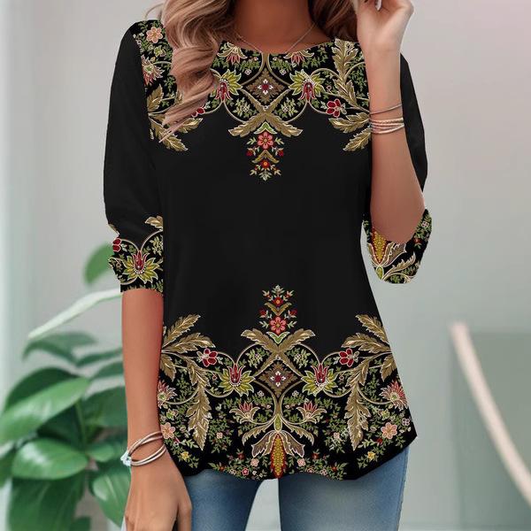 Round Neck 3D Flower Geometry Pattern Printed Top Fashionable Casual Long Sleeved Women's T-shirts