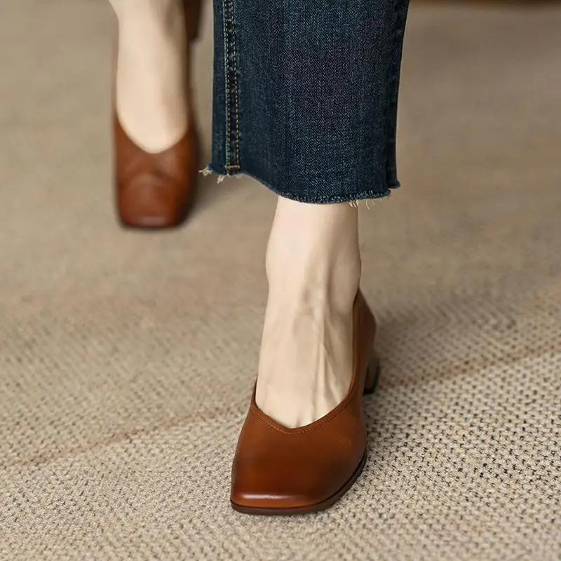 Shallow Women Low Heels Shoes New Brand Trend Elegant Square Toe Pumps Chunky Leather Mature Office Dress Zapatillas Mujer