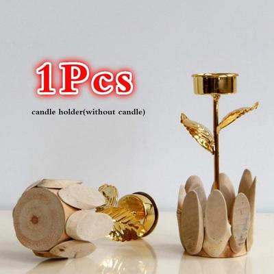 Kerzenhalter aus Metall, Kerzenständer, Weihnachten, goldene Rose, Blumenmuster, Holzsockel, Hochzeit, Tischdekoration, Heim-Schreibtisch-Dekor