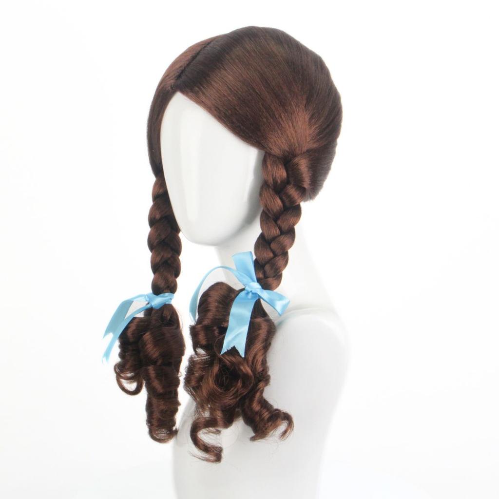 Anime Wig for Women And Girls Brown Double Ponytail Braid Synthetic Fiber Hair with Blue Ribbon Cosplay Party Gift