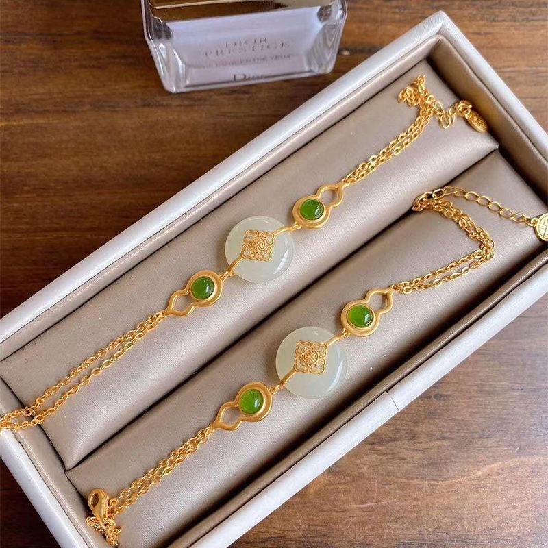 New Inlaid Natural Hetian Chalcedony Gourd Adjustable Bracelet Chinese Style Ancient Gold Craft Charm Female Jewelry