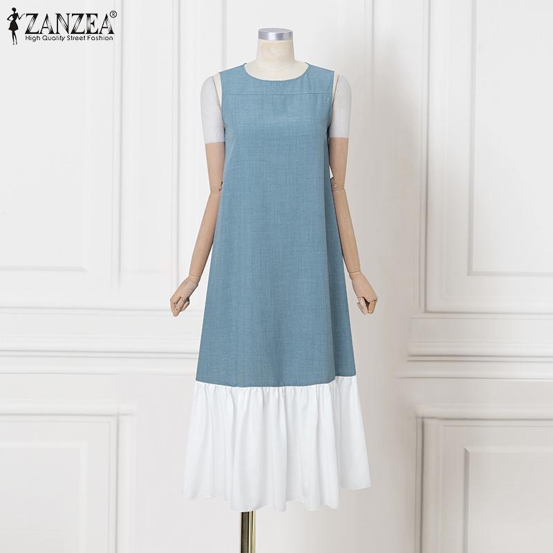 ZANZEA Damska swobodna, letnia sukienka bez rękawów z okrągłym dekoltem