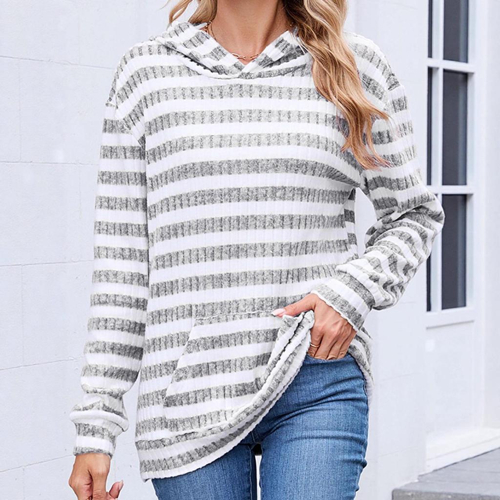 European-American Striped Hooded Sweatshirt - Casual Loose Fit, Long Sleeve with Pockets for Autumn and Winter