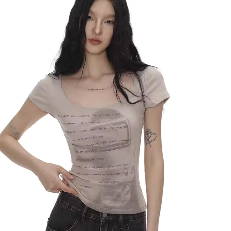 

Retro Sweet and Spicy Tight-fitting Blouse Letter T-shirt XL