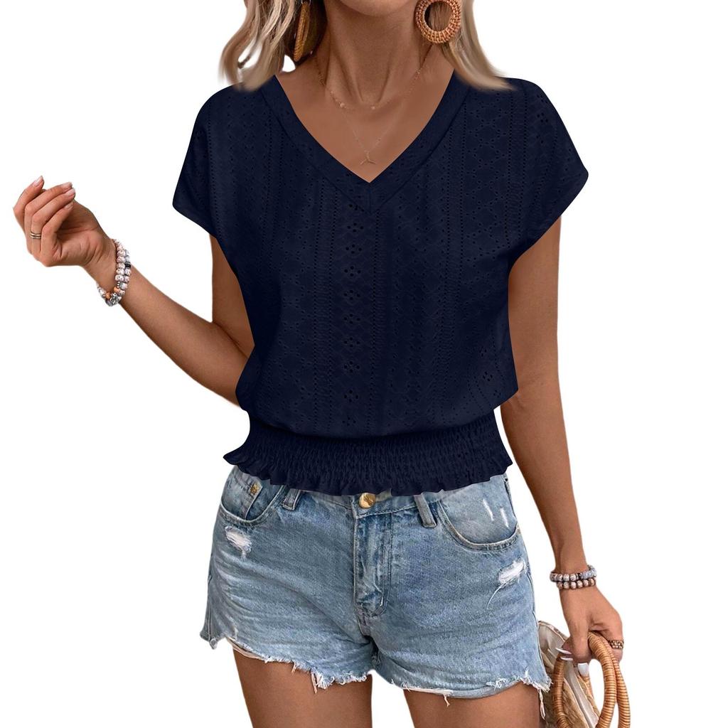 Women's Fashion V-neck Solid Color Hollow Short Sleeve Top T-shirt Summer