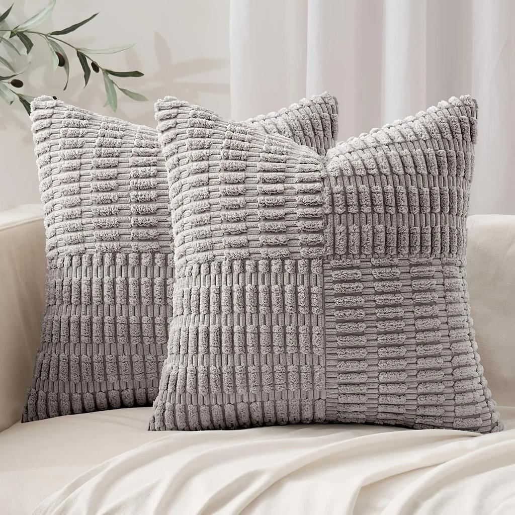 Blue Throw Pillow Covers 18x18 Inch Soft Corduroy Pillow Cover Boho Textured Striped Patchwork Cushion Case for Couch Sofa Bed