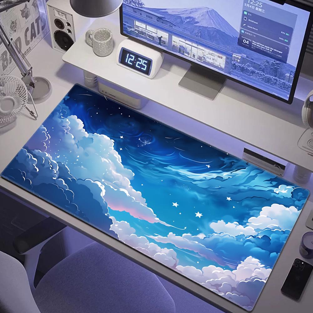 HYBXAXC Fluffy Blue White Cloud Aesthetic Giant Desk Pad Kawaii Style Nonslip Game Laptop Mouse Mat