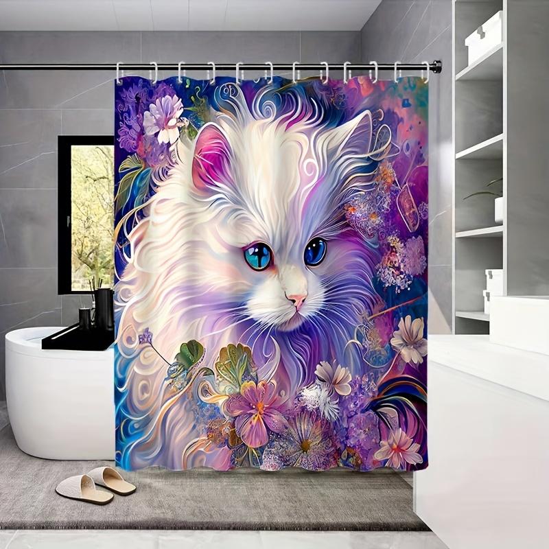

Водонепроницаемая шторка для душа WhimsyCat - Ручная роспись, разноцветный кот, Декор для ванной комнаты на животную тематику, Частично на подкладке, Всесезонная W90XH180cm
