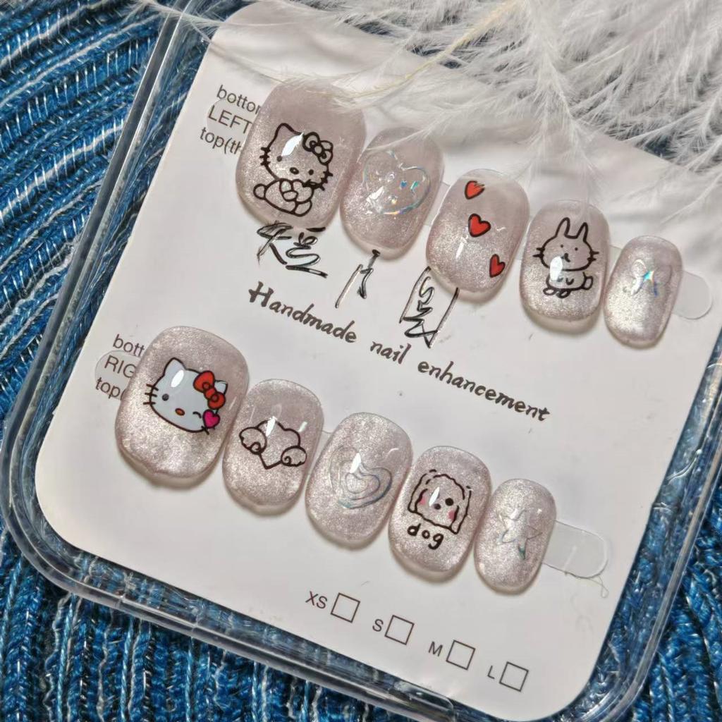 Purely Hand‑Made Press‑On Nails, Autumn‑Winter Niche Ins‑Style White‑Ceramic Cat‑Eye with Happy‑Kitten Graffiti False Nail Art