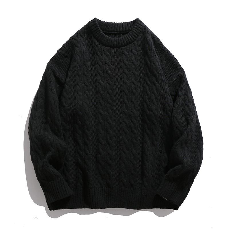 Unisex Japanese Retro Cable Knit Sweater, Round Neck, Loose Fit, Casual Autumn Style