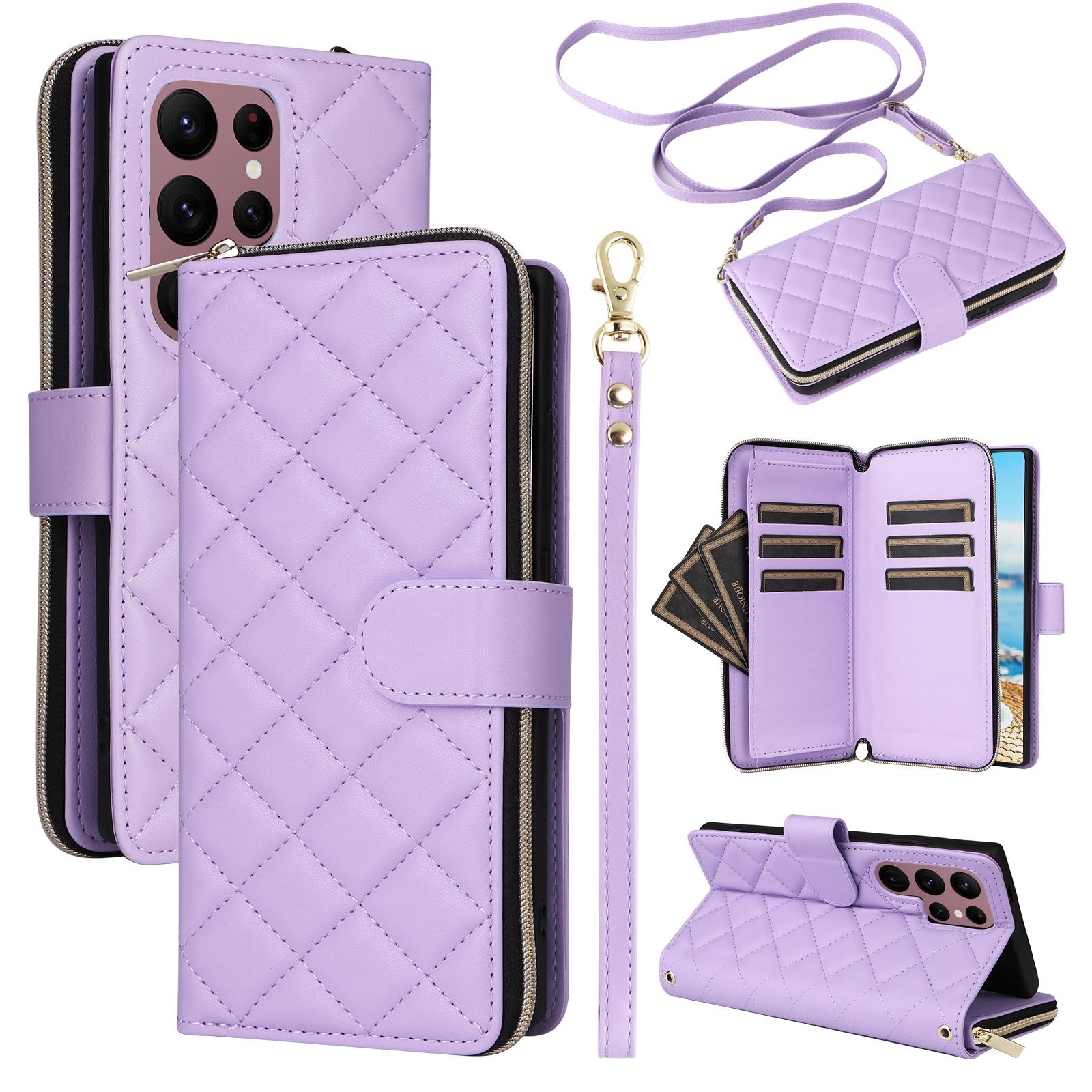 

For Samsung Galaxy S22 Ultra 5G Case Rhombus Grid Leather Phone Cover with Zipper Pocket Purple