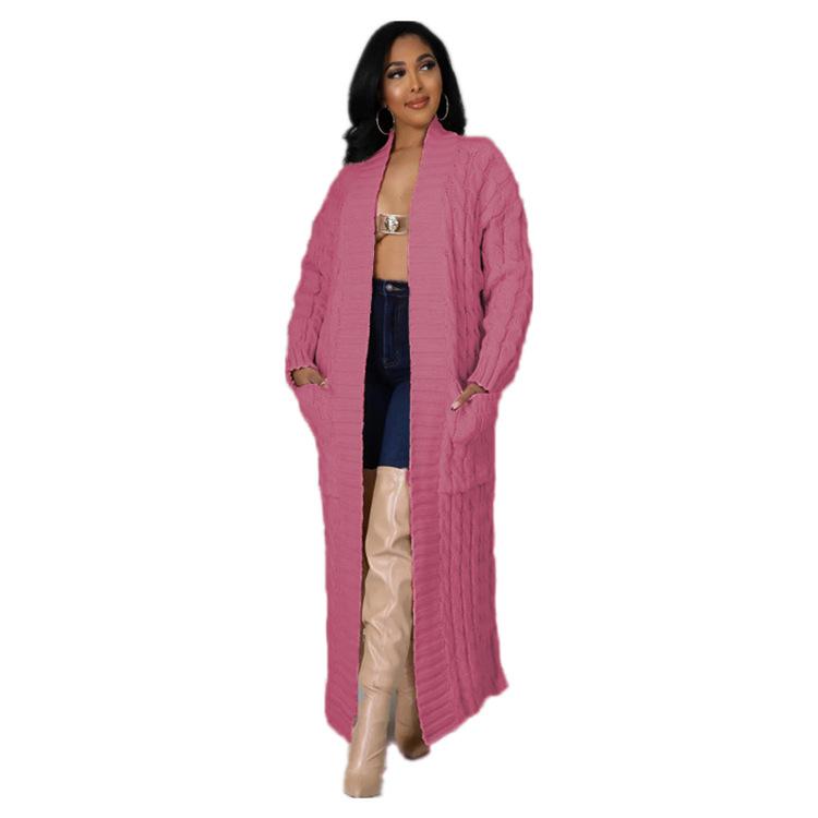Nový volný pletený kardigan na podzim a zimu s ležérním stylem, velkou velikostí kapes a dlouhým krouceným svetrovým kabátem pro ženy