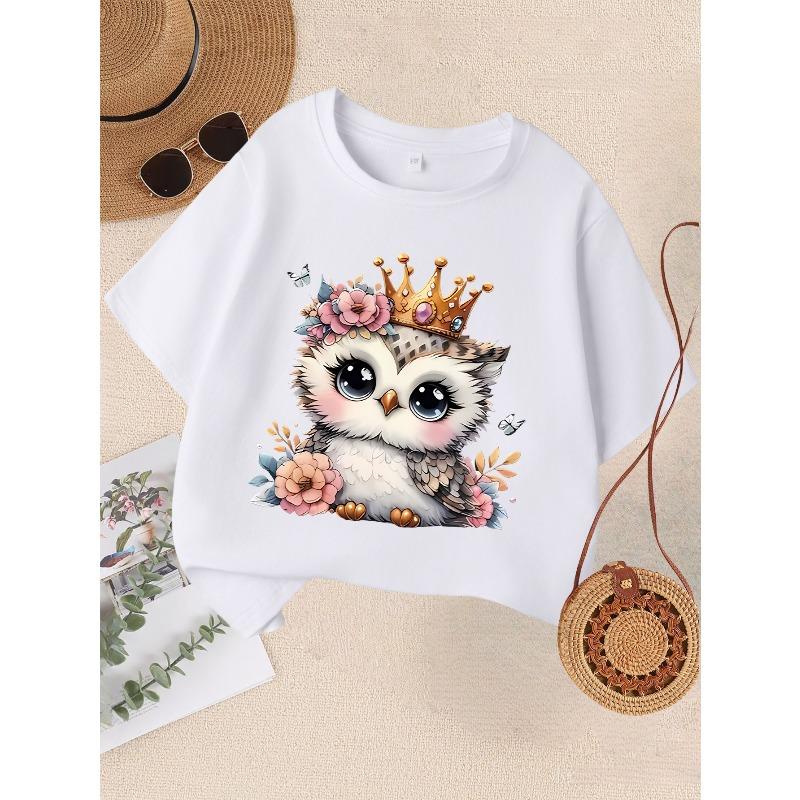 European sizes Girls  Fashion Round Neck T-Shirt, Casual Printed Top 110 белый